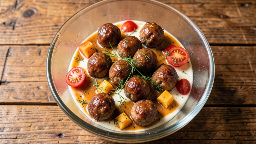 Bologna Salad with Cheese Recipe: Cheese-Stuffed Meatballs in Tangy Herb Dressing