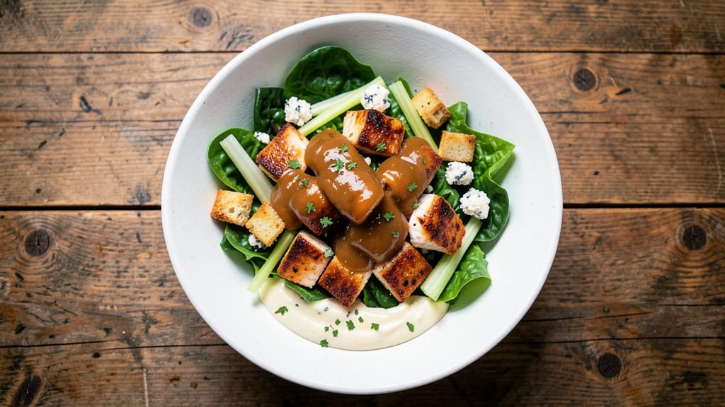 Buffalo Chicken Caesar Salad Recipe: Crispy Celery Crowns Over Spicy Cream Cheese Bliss