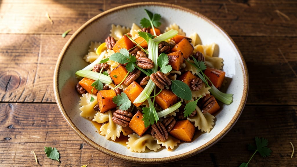 Autumn Crunch Pasta Salad Recipe: Toasted Pecans and Maple-Drizzled Celery Crowns