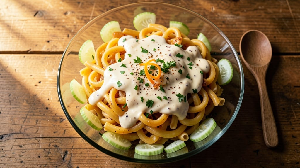 Bavarian Inn Pasta Salad Recipe: Celery Crown Crunch and Herb Cream Cheese Bliss