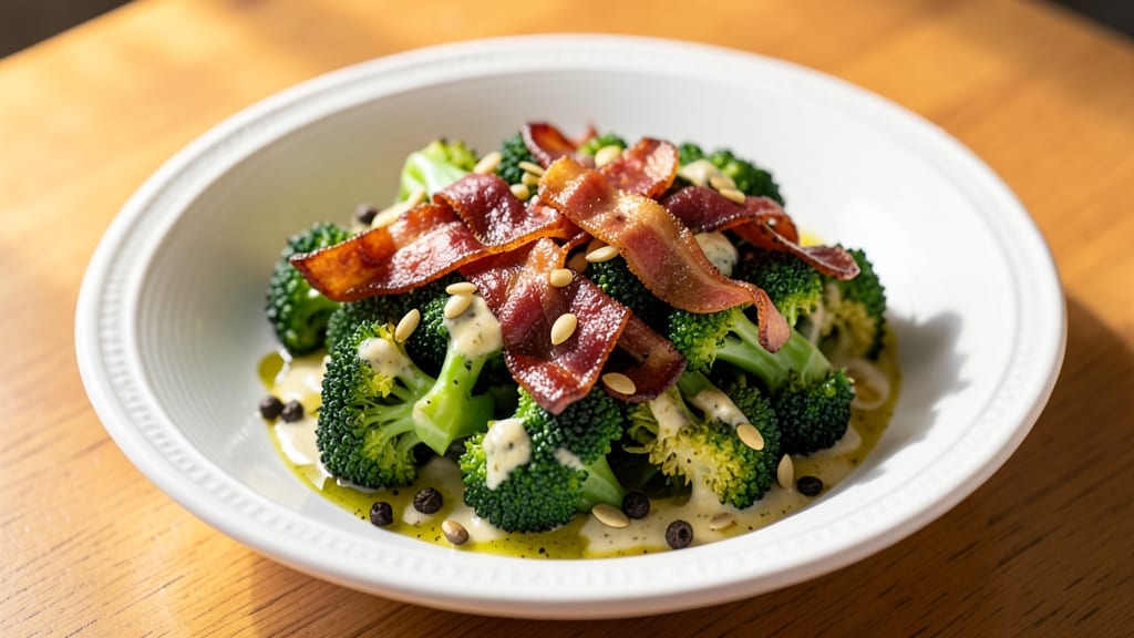 Cooked Broccoli Salad Recipe: Warm Florets With Crispy Bacon Bits