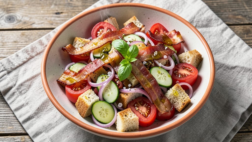 BLT Panzanella Salad Recipe: Crispy Bread Cubes and Smoky Bacon Bite
