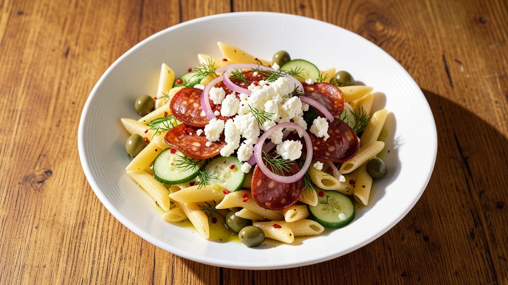Greek Pasta Salad Recipe with Salami: Mediterranean Crunch Meets Smoky Protein Bite