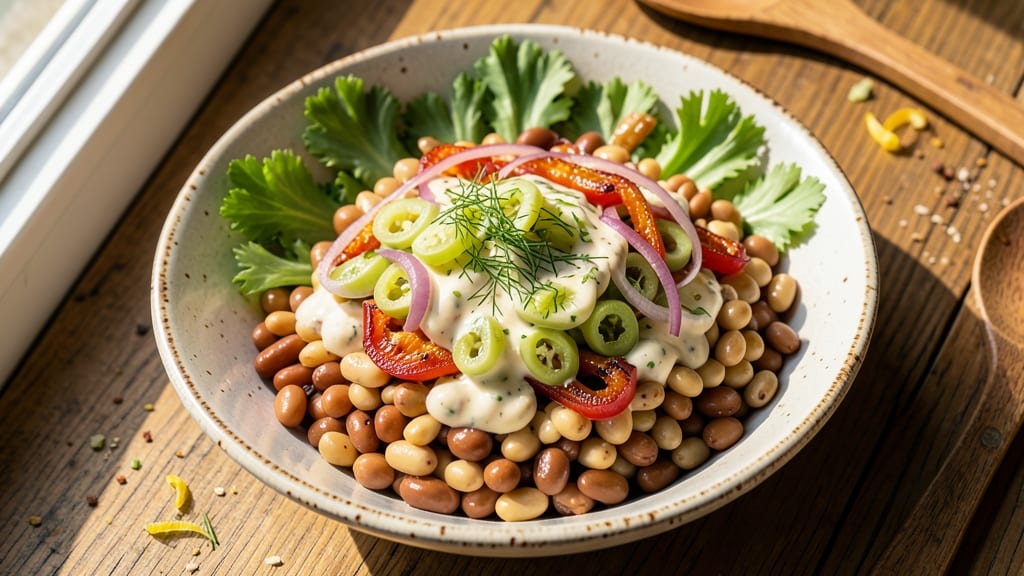 Amish Three Bean Salad Recipe: Crisp Celery Crowns and Smoky Herb Cream Cheese Harmony