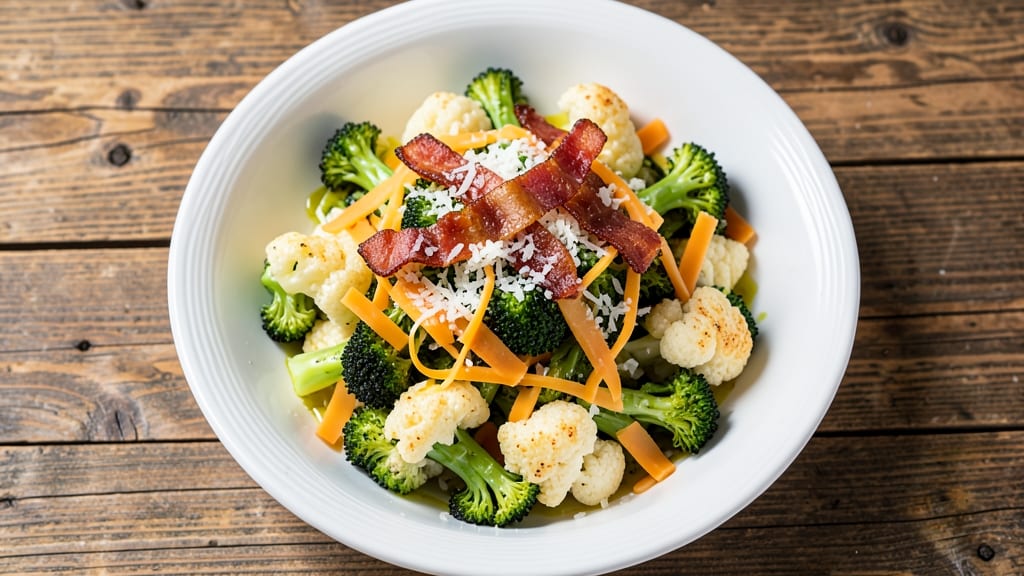 Broccoli Cauliflower Bacon Cheese Salad Recipe: Crispy Roasted Veggies and Melty Cheese Magic