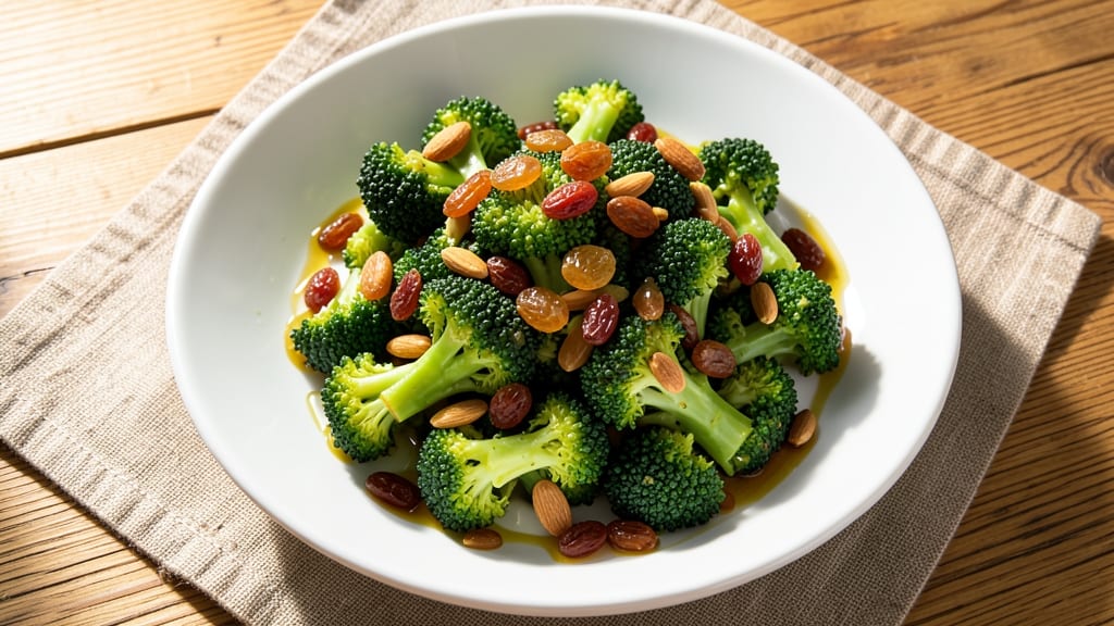 Broccoli Salad With Golden Raisins Recipe: Sweet Caramelized Raisins and Crispy Almond Crunch